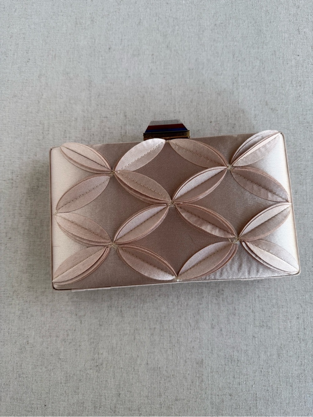 Champagne Satin Evening Clutch with Crystal Clasp & Floral Appliqué